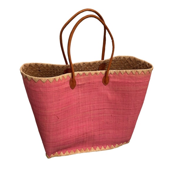 RAFFIA PINK WITH LEATHER HANDLE TOTE BAG Large NWOT - Picture 1 of 12